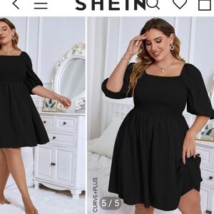 Shein Curve Black Shirred Square Neck Dress Curvy Plus Flounce Sleeve  4XL 20